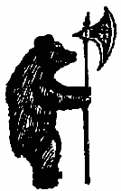 Медведь, держащий средневековый топор с изображением трефовой масти.